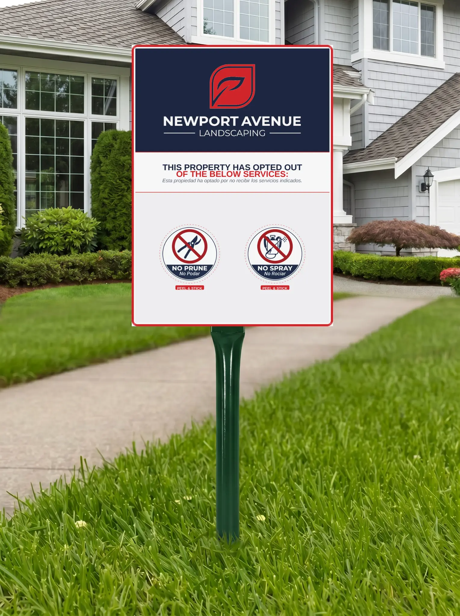 Newport Avenue Landscaping opt-out sign installed on green stake in front of home