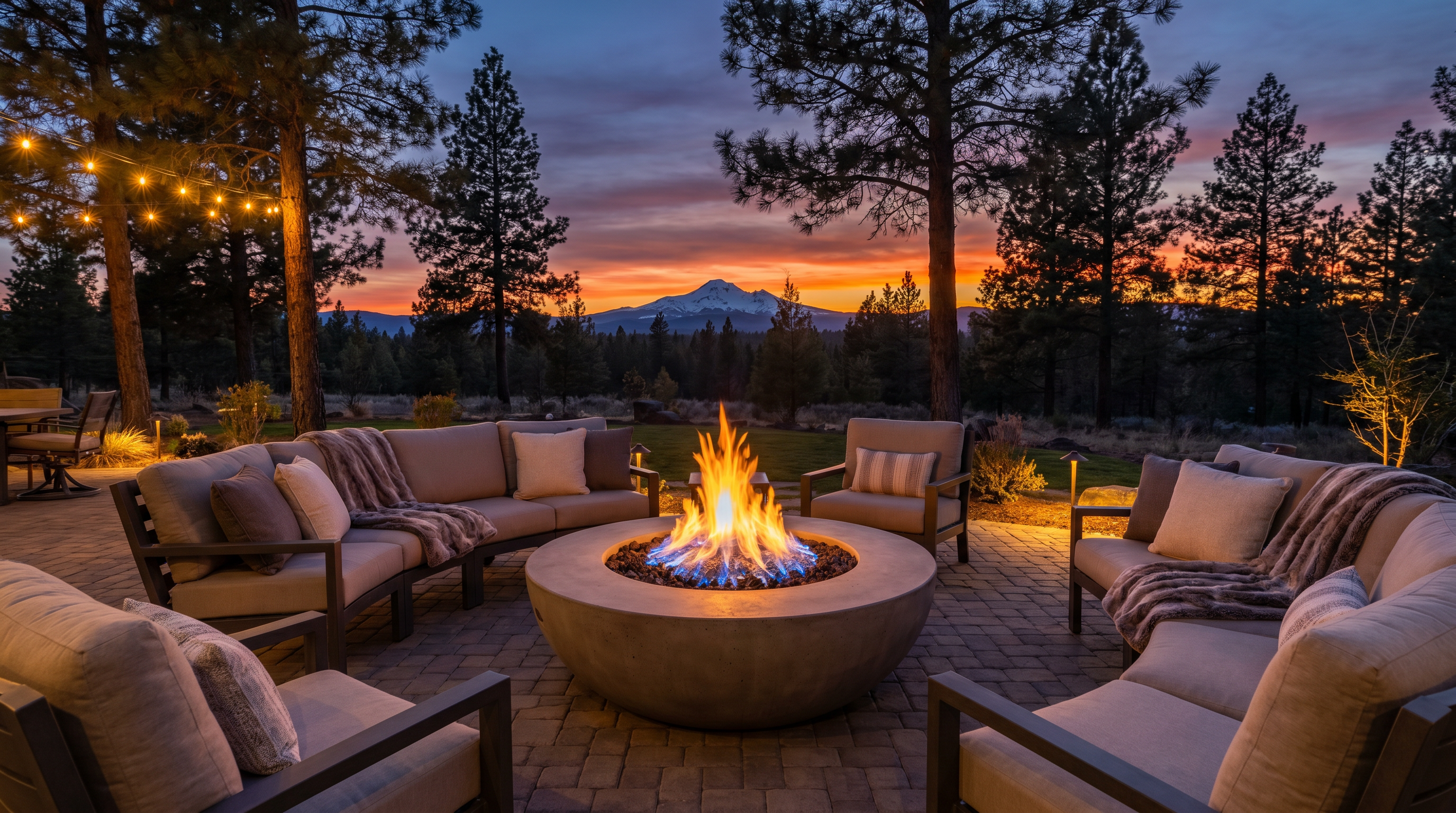 Custom fire pit with paver surround in Central Oregon backyard