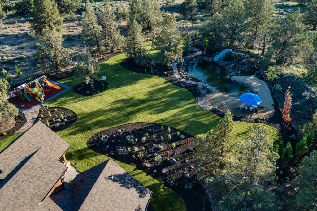 East Bend landscape install finished backyard aerial view — Bend, OR