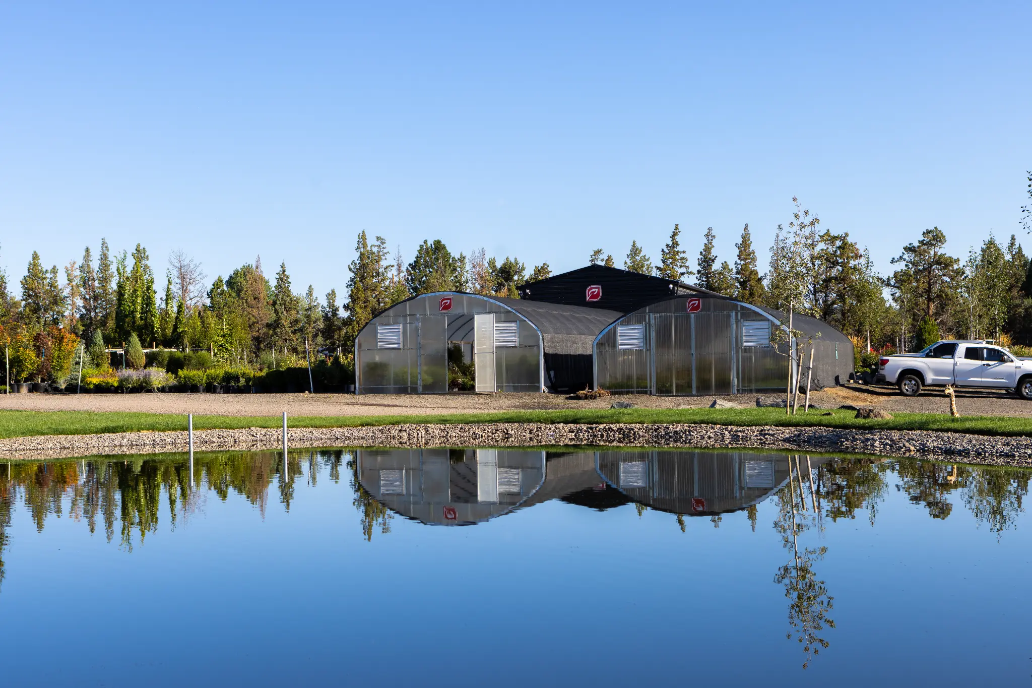 Greenhouse and private pond at Newport Avenue Landscaping campus