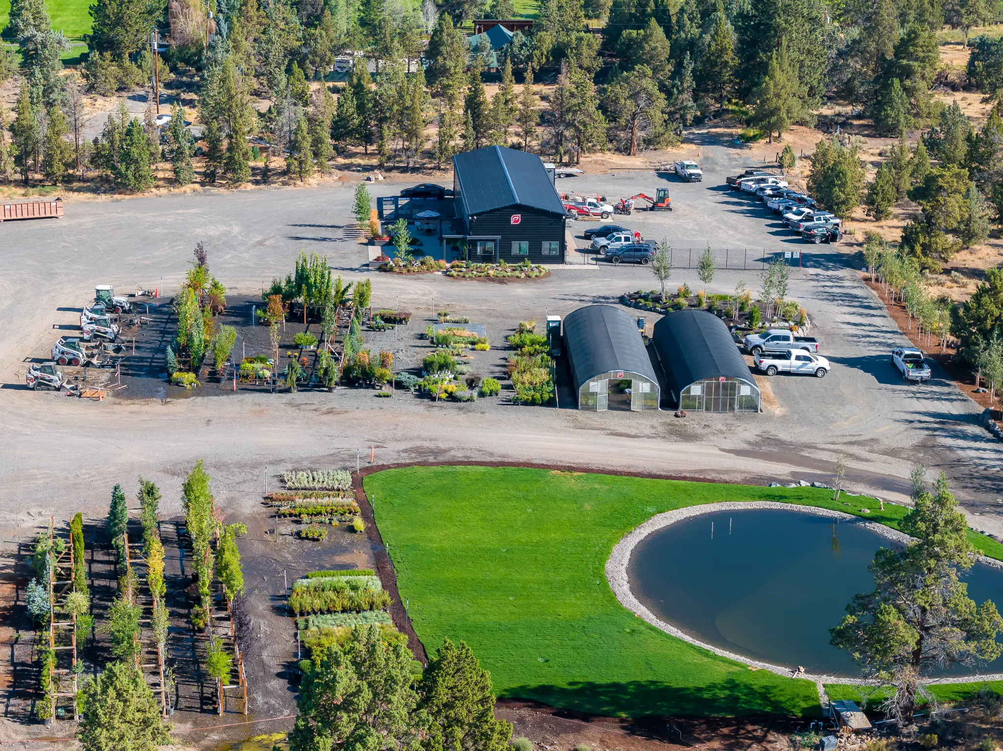 Aerial view of Newport Avenue Landscaping 40-acre campus south of Bend