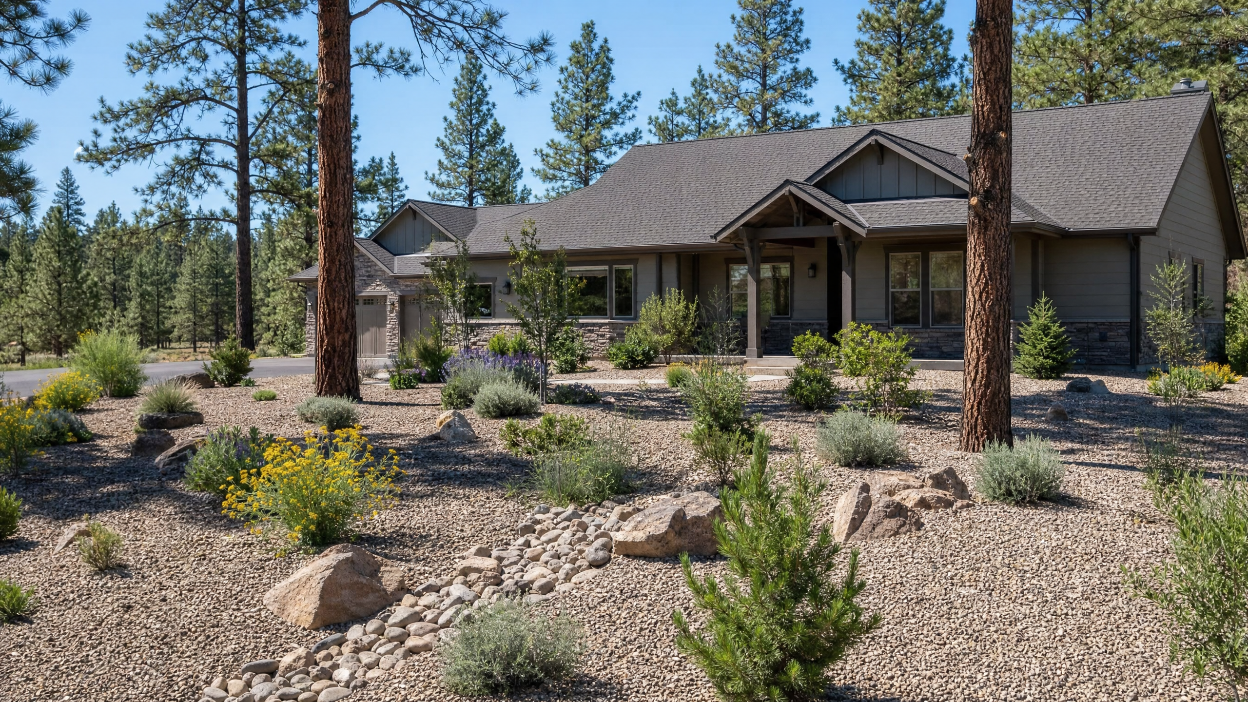 Firewise defensible space landscaping with cleared junipers and fire-resistant plants around a Central Oregon home