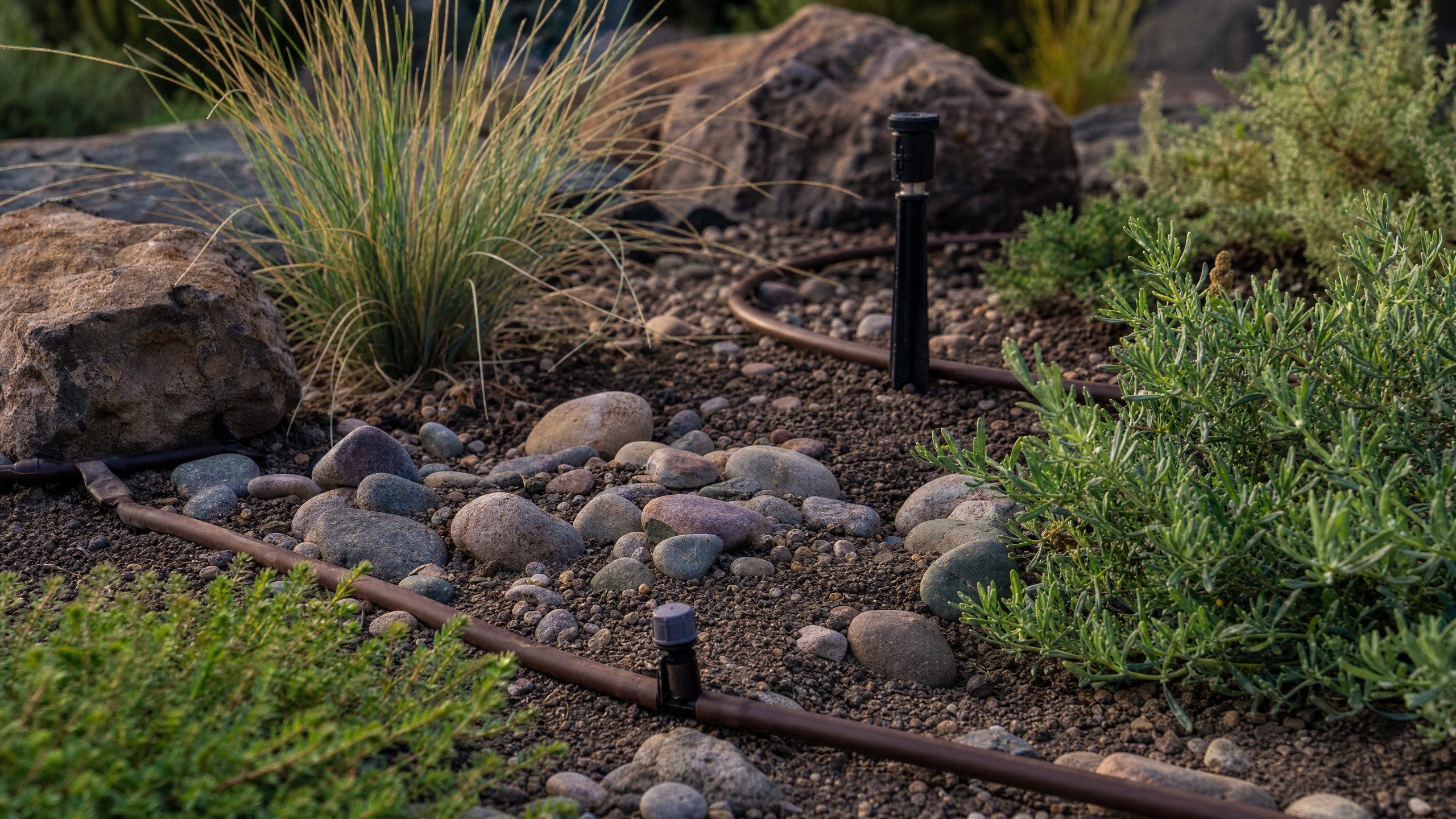 Professional drip irrigation system installation in a Bend Oregon yard with drought-tolerant plants