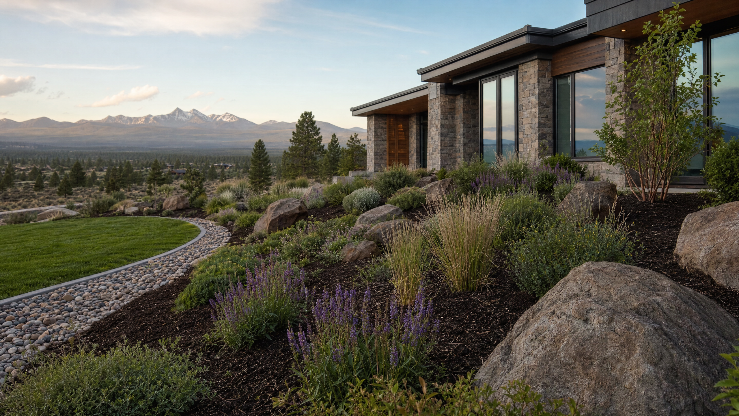 Custom landscape design installation at a Central Oregon home with native plantings and decorative boulders