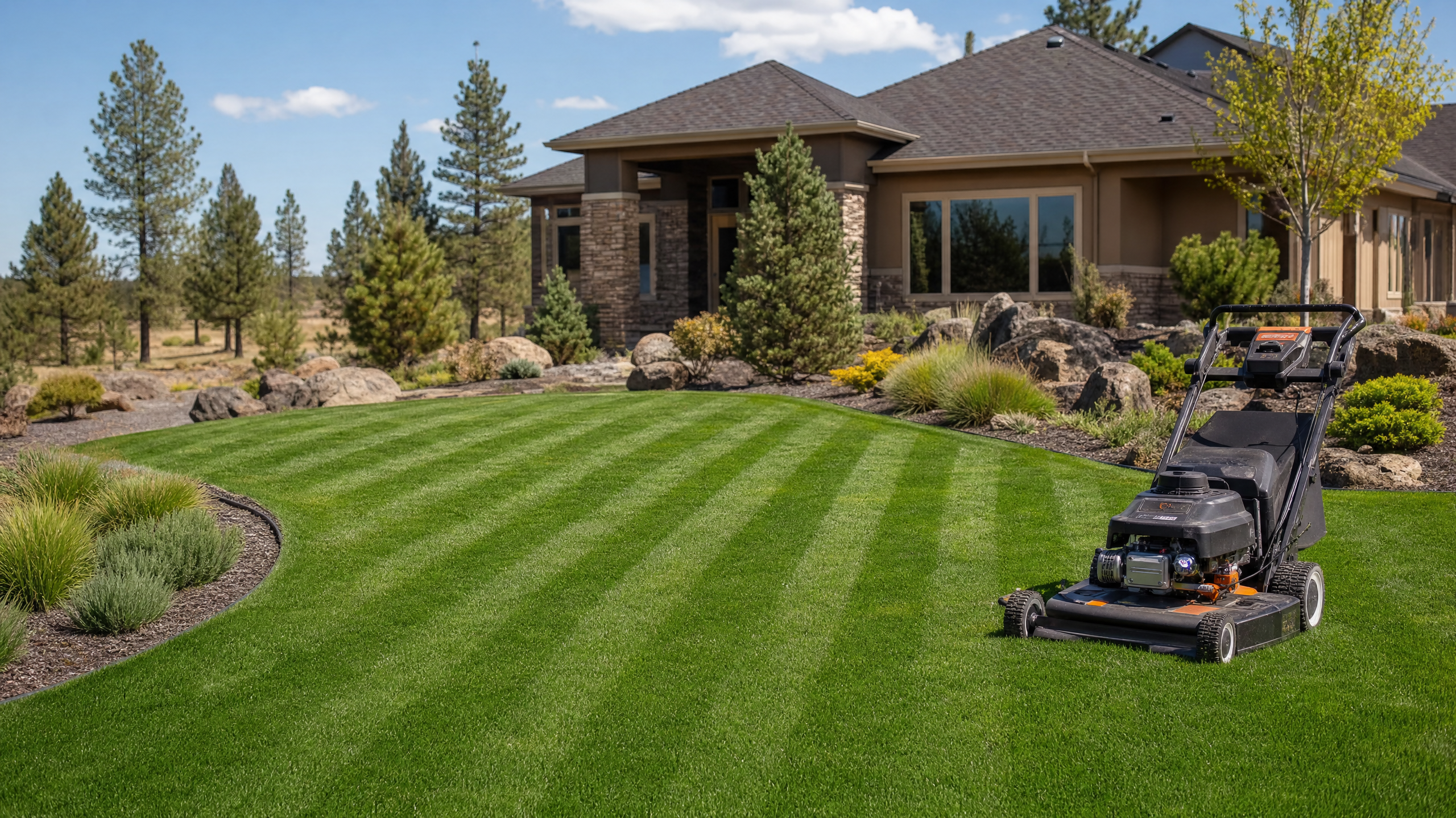 Professional lawn care and mowing service on a lush green residential lawn in Bend Oregon