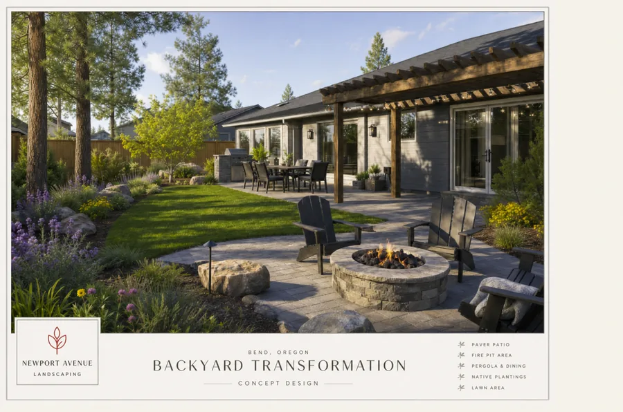 Newport Avenue Landscaping concept design board showing Bend Oregon backyard transformation plan
