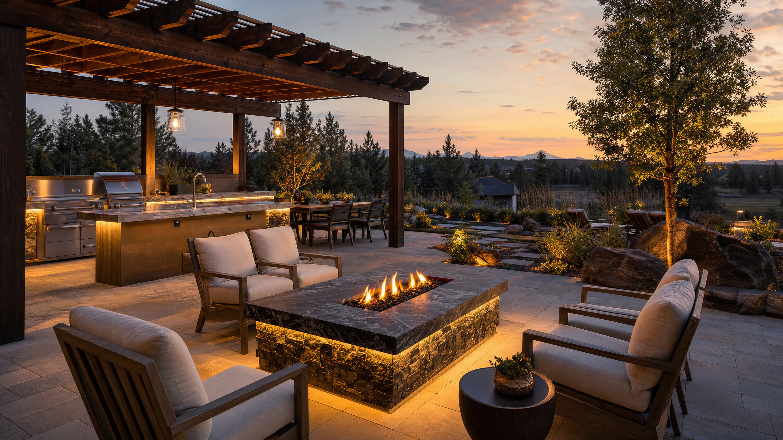 Outdoor living space with pergola, built-in kitchen, and gas fire pit in a Central Oregon backyard