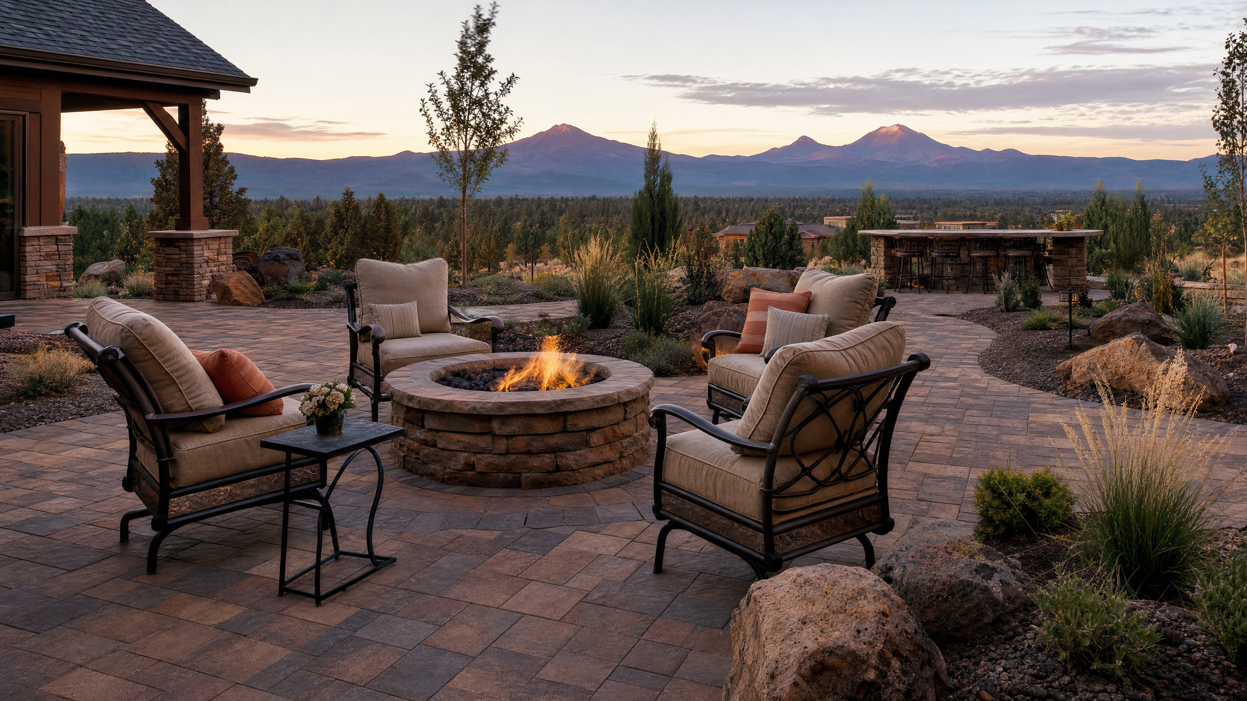 Natural stone paver patio with fire pit and desert landscaping in a Central Oregon backyard