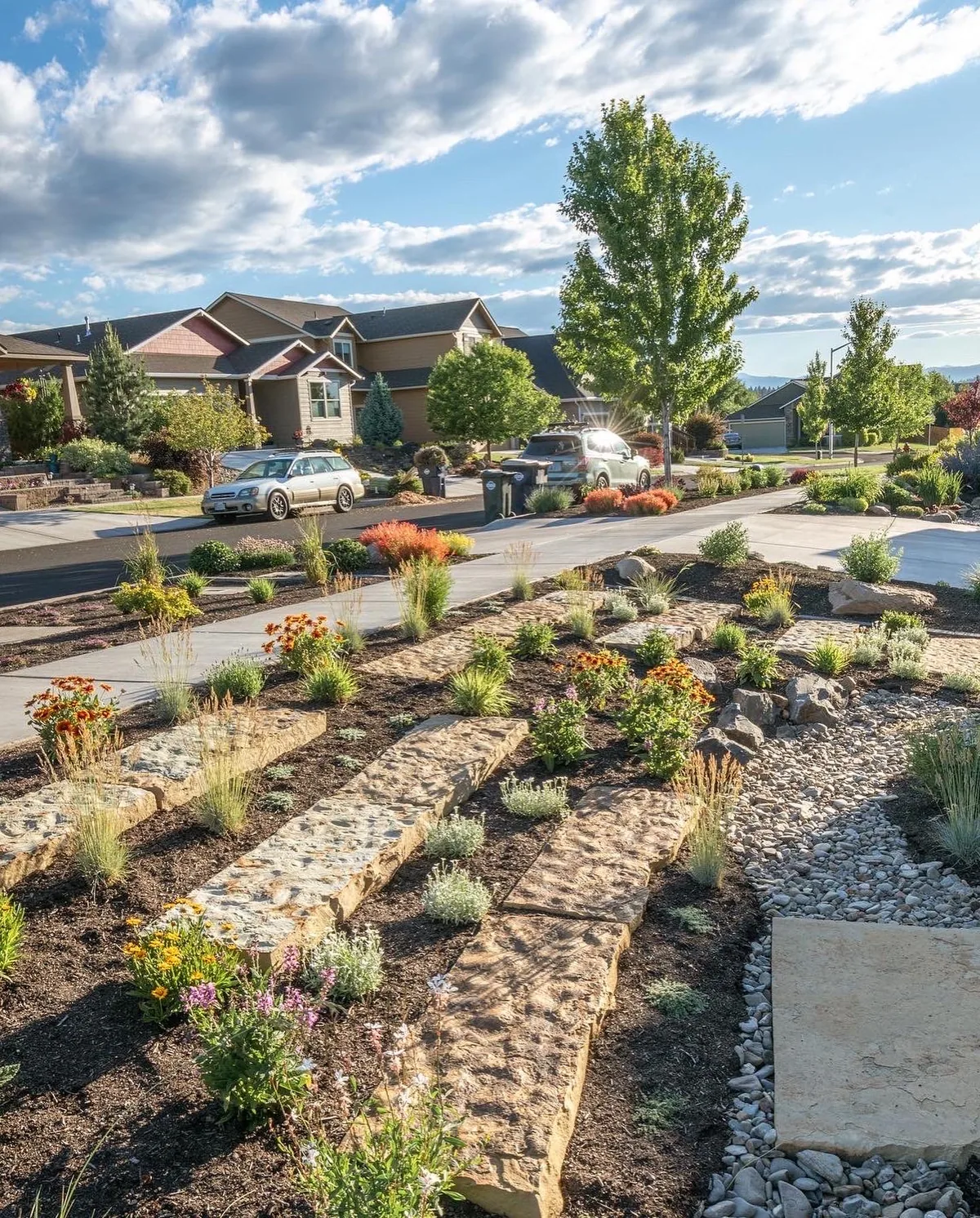 Front yard after — xeriscape with stone borders and wildflowers