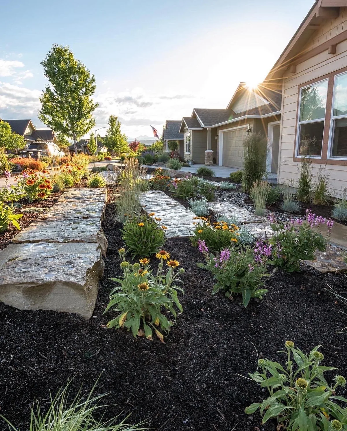 Backyard after — paver patio with ornamental plantings
