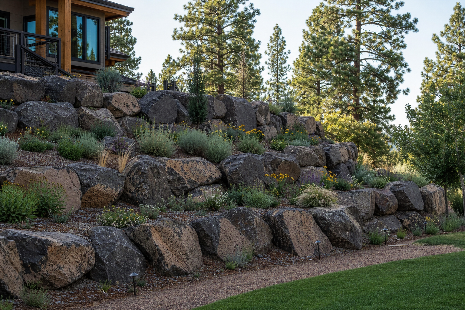 Natural boulder retaining wall terracing a sloped backyard with native plants in Central Oregon