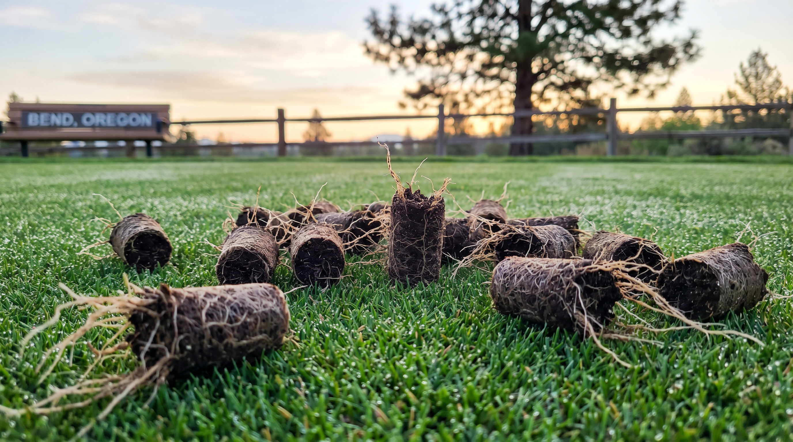 Core aeration machine on green lawn in Central Oregon
