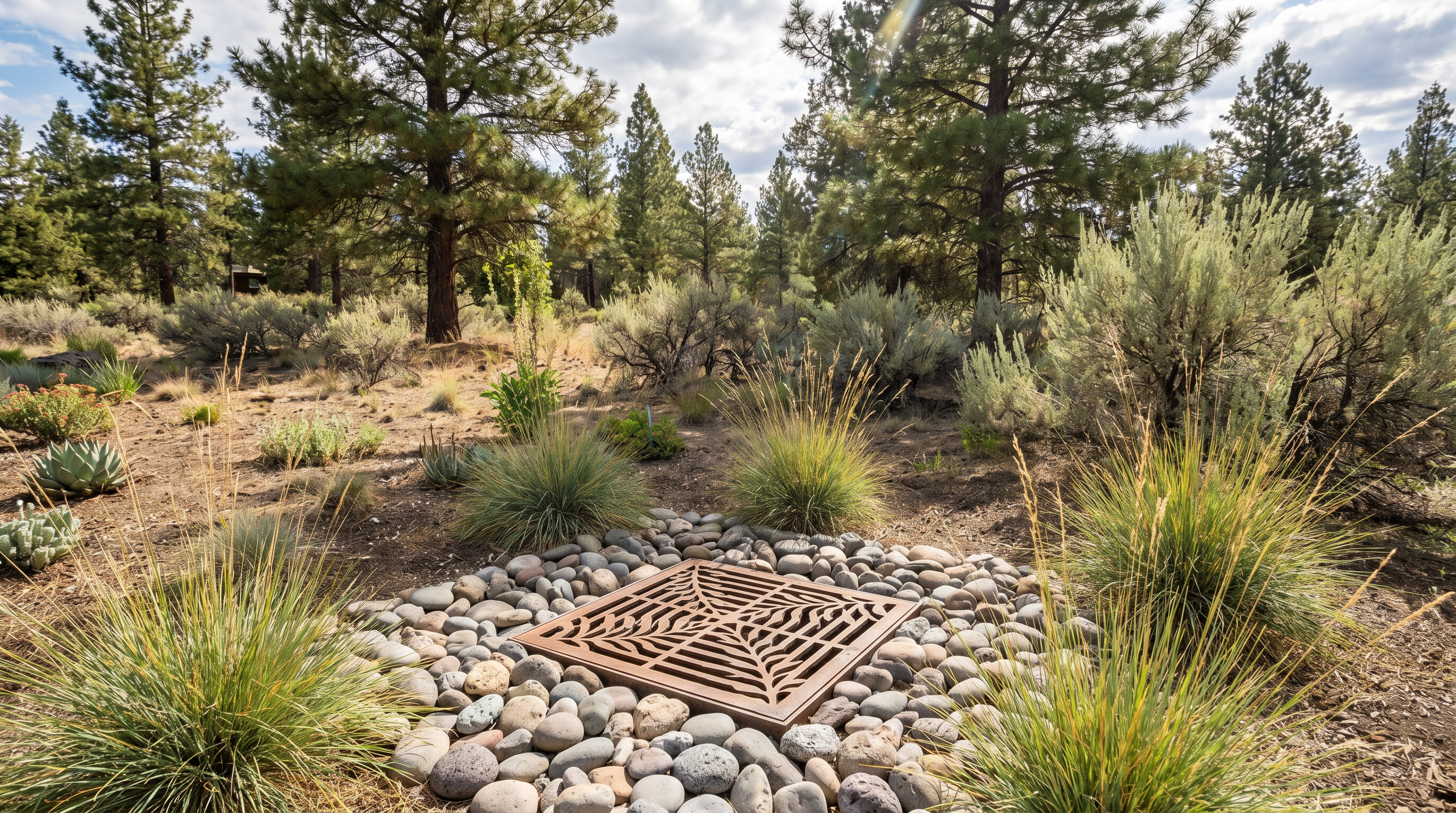 Decorative drainage channel with river rock in Central Oregon backyard