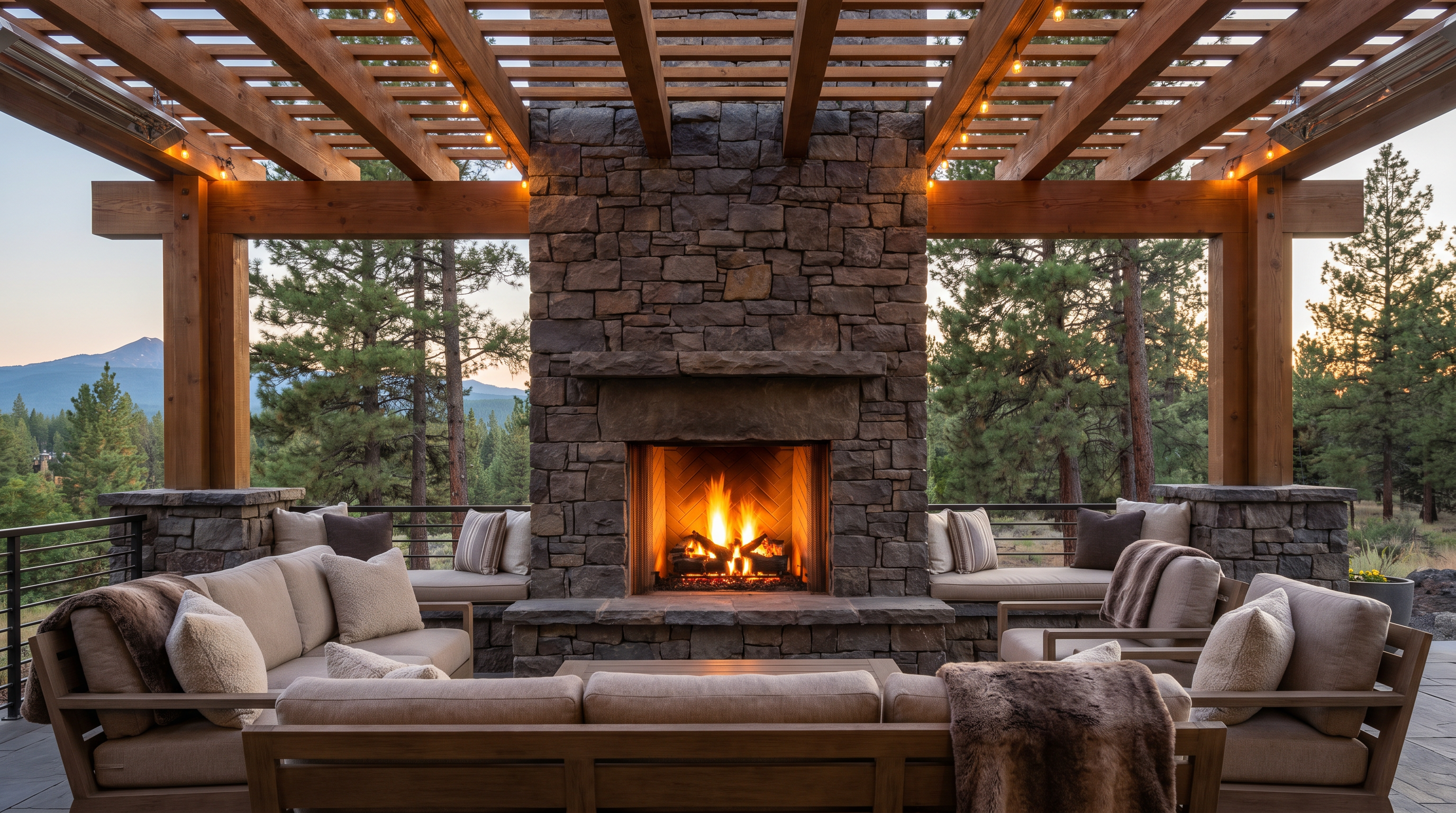 Outdoor fireplace with seating area in Bend Oregon