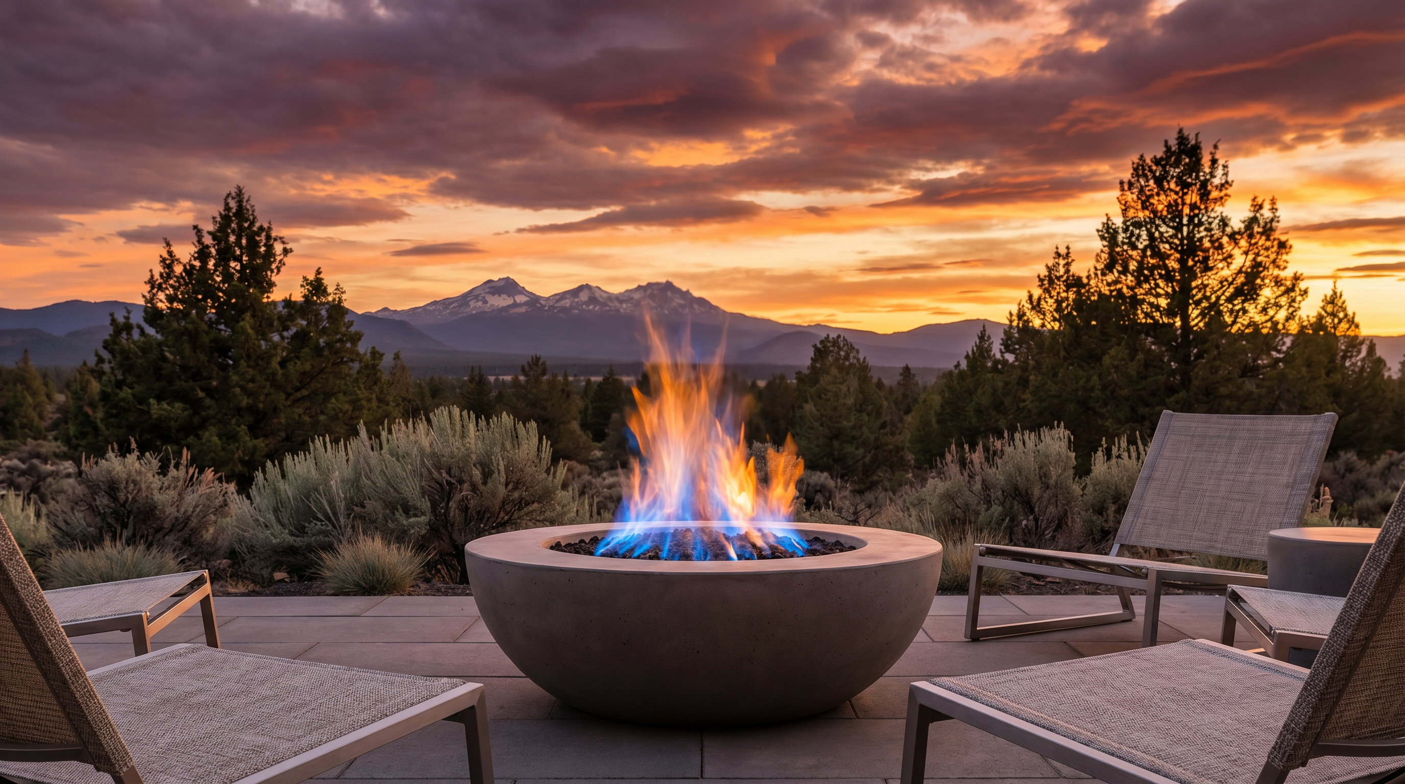 Modern concrete fire bowl on paver patio in Central Oregon