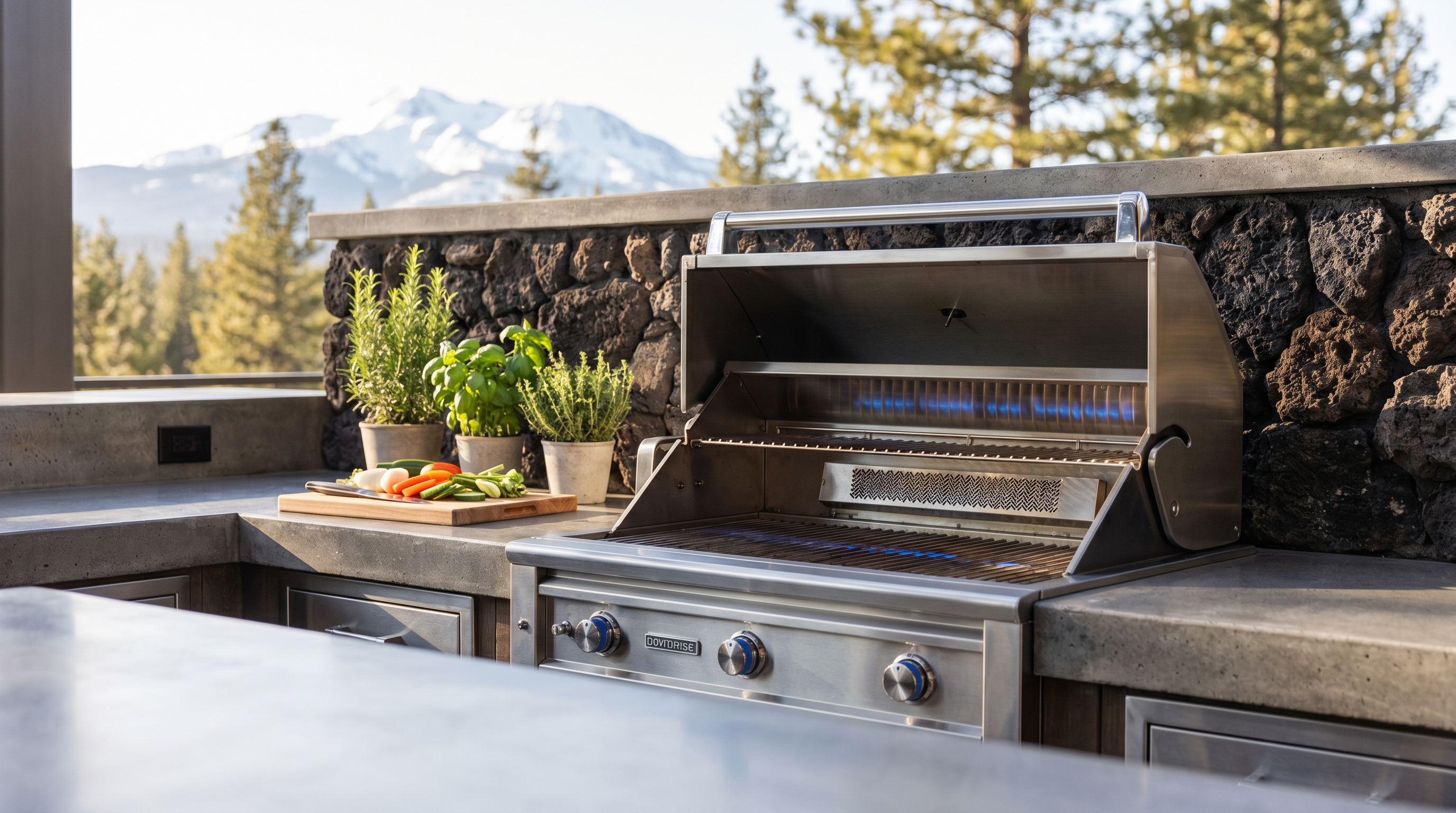 Outdoor living space with pergola and kitchen in Bend Oregon