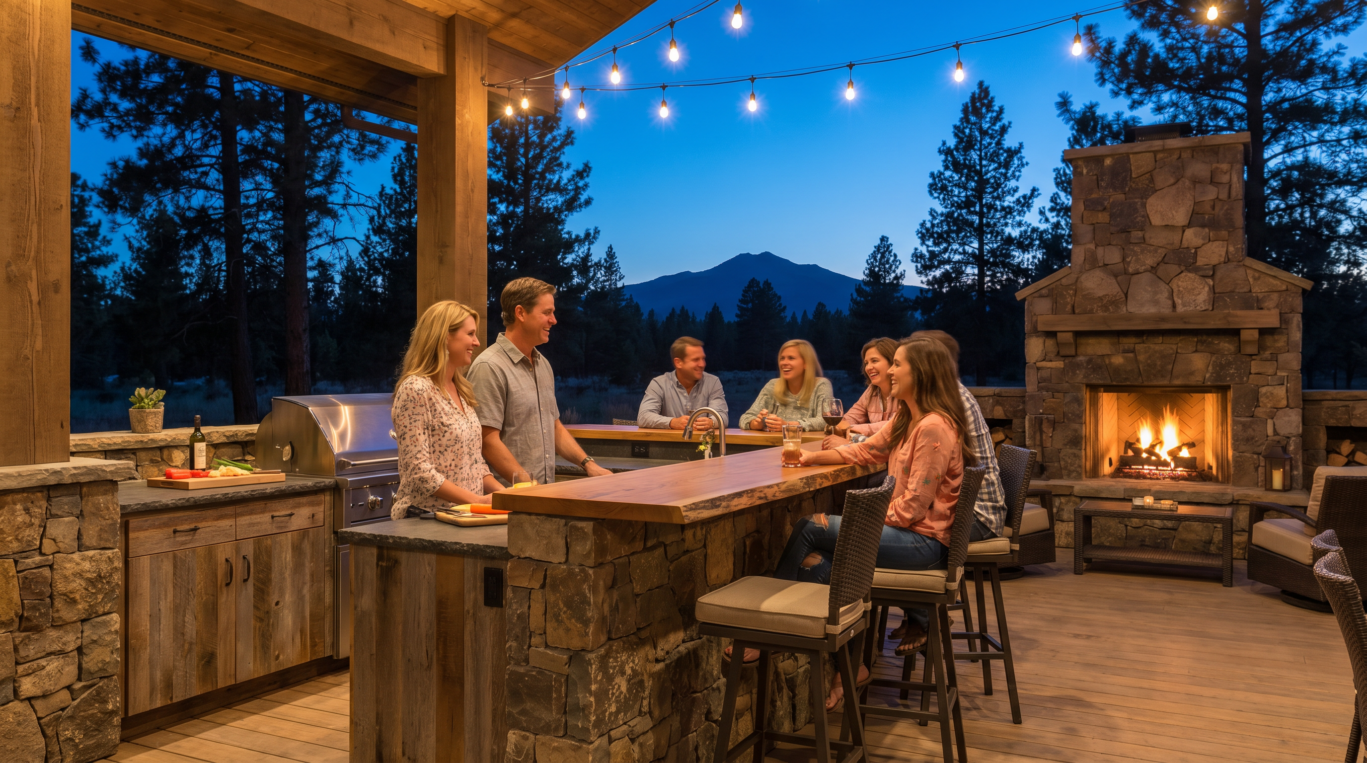Luxury outdoor kitchen with pizza oven and bar seating in Central Oregon