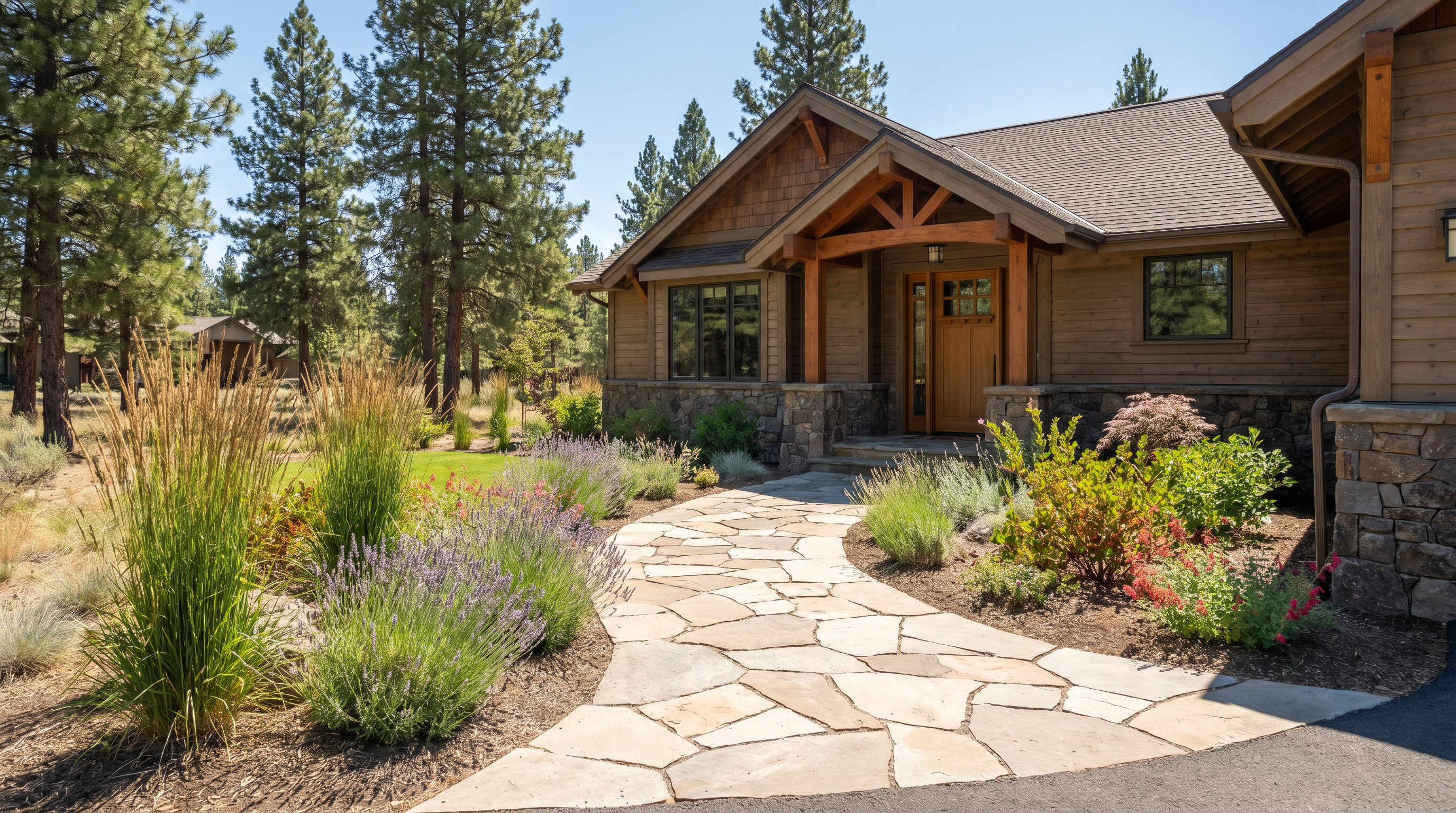 Completed paver patio with fire pit and seating wall in Central Oregon