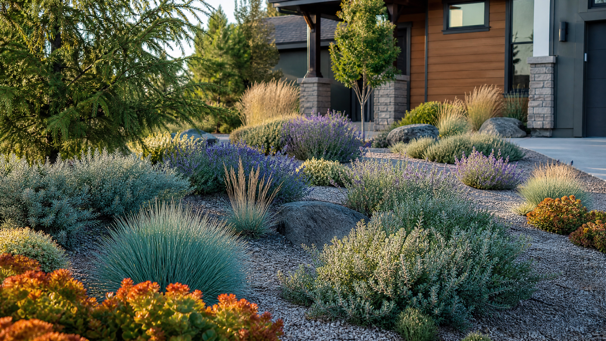 Xeriscape garden with drought-tolerant native plants, ornamental grasses, and decorative gravel in Central Oregon
