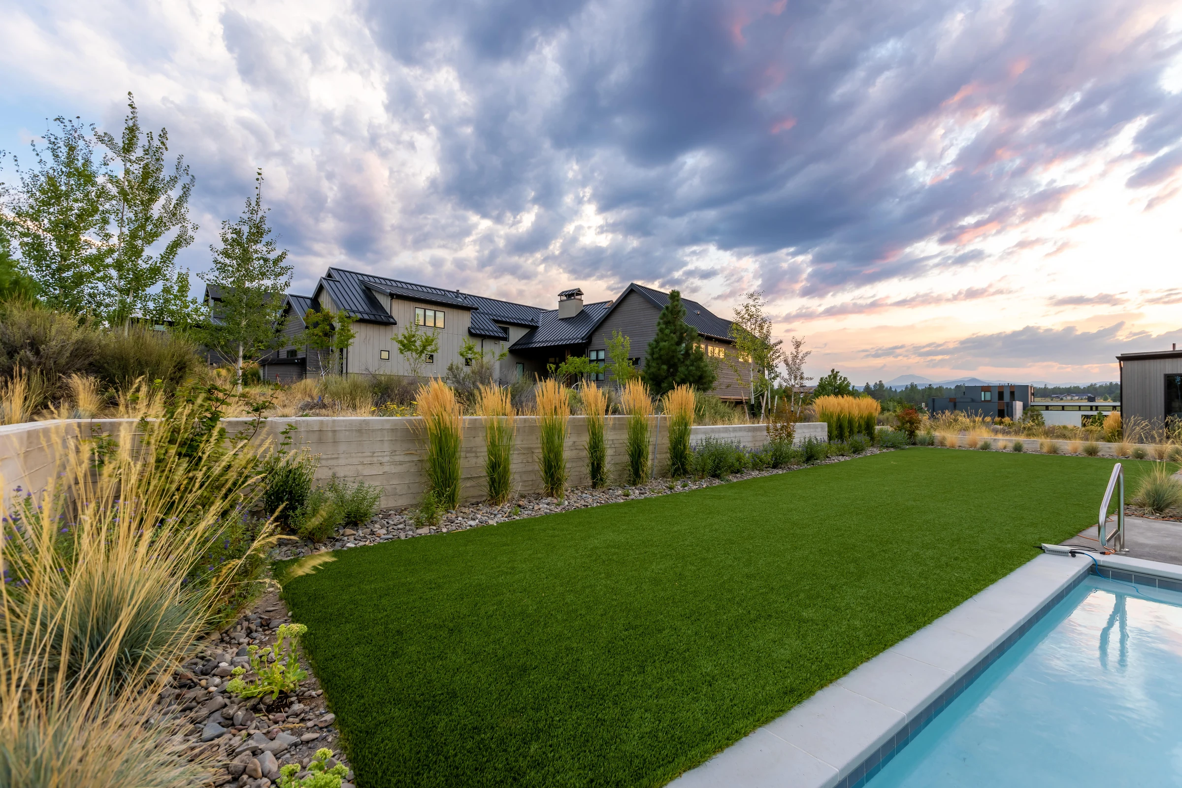 Newport landscape with lawn, planting beds, and irrigation